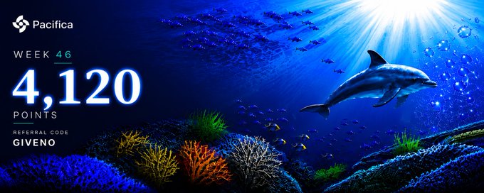 This image from Pacifica shows "Week 46" with "4,120 Points" and "Referral Code GIVENO", reflecting the performance update mentioned in the post. The underwater scene with a dolphin swimming symbolizes growth and exploration, aligning with the post's narrative of continuing to discover what Pacifica can do.
