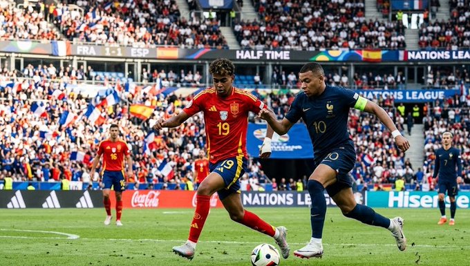An action shot from a soccer match where Spain's #19 (Lamine Yamal) and France's #10 (Kylian Mbappé) are contesting the ball, with the scoreboard reading 'FRA 1-1 ESP' at half time.