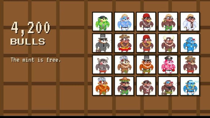 A pixel art interface displaying '4,200 BULLS' and 'The mint is free.' alongside a grid of 20 colorful bull character NFTs.