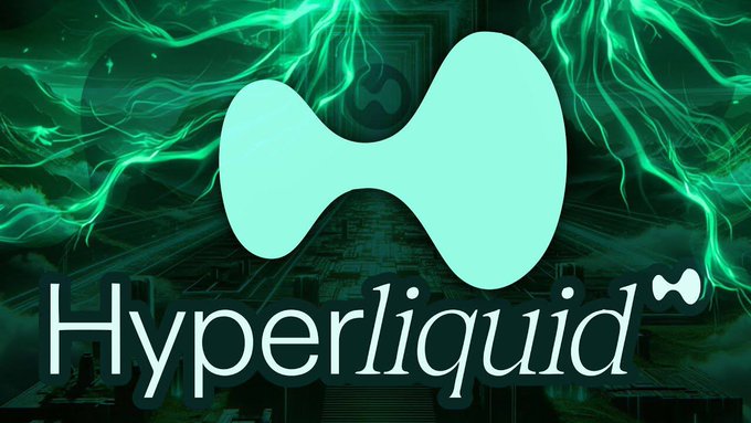 Stylized logo image for 'Hyperliquid' featuring a teal wave-like symbol on a green circuit-board background with electric effects.