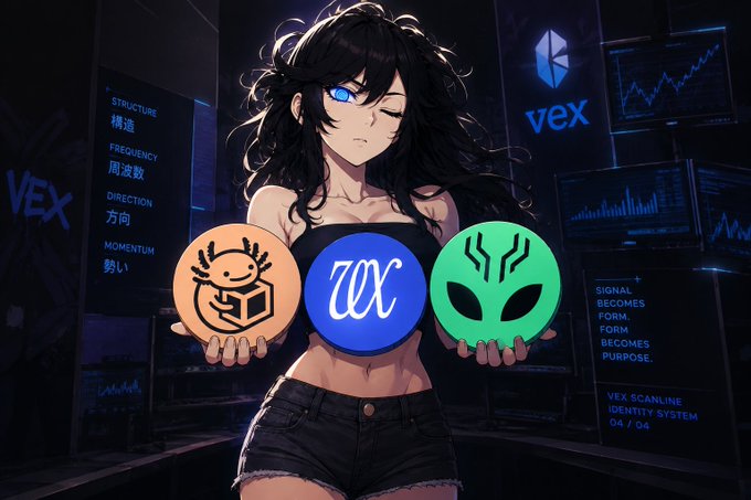An anime-style illustration of a winking girl with one blue eye holding three glowing circular icons (orange, blue 'W', and green alien), with the 'VEX' logo and technical readouts like 'STRUCTURE 構造', 'FREQUENCY 周波数', 'DIRECTION 方向', and 'MOMENTUM 勢い' in the background.