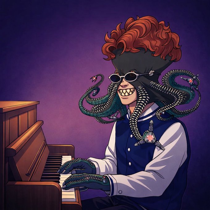 Digital artwork of a figure with octopus-like tentacles for hair playing a piano, wearing sunglasses and a vest with a star emblem.
