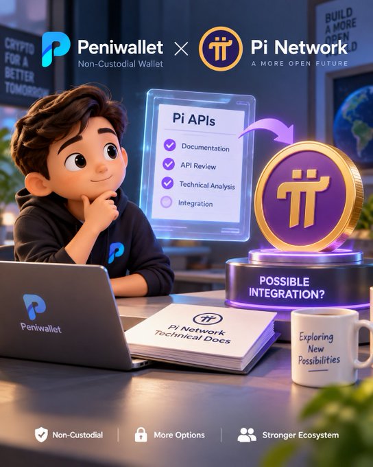 A 3D-rendered promotional graphic for 'Peniwallet x Pi Network' featuring a cartoon character with a laptop, a floating checklist titled 'Pi APIs', a Pi coin, and text reading 'POSSIBLE INTEGRATION?' and 'Exploring New Possibilities'.