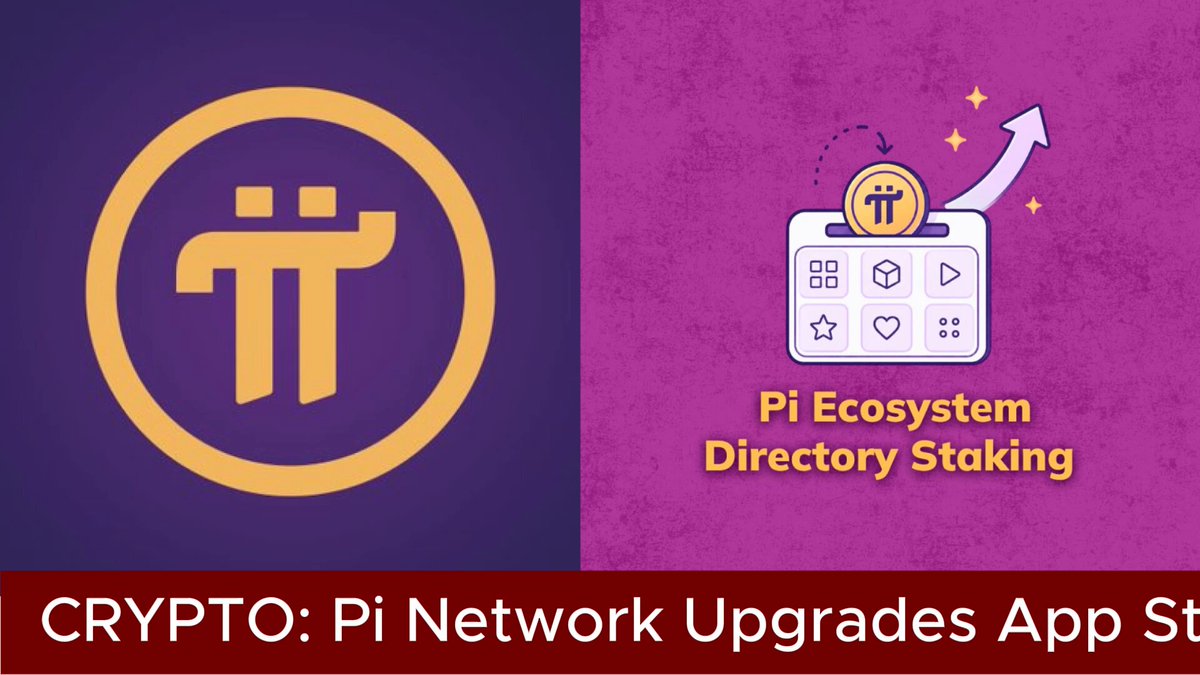 The image features two logos, one purple with a yellow circle and the other pink with an upward-pointing arrow. Below these logos are descriptions of Pi Network Upgrades App Staking for 60M users. The text emphasizes that the Pi Network Upgrades App has been rolled out to improve user experience and app discovery within the ecosystem.