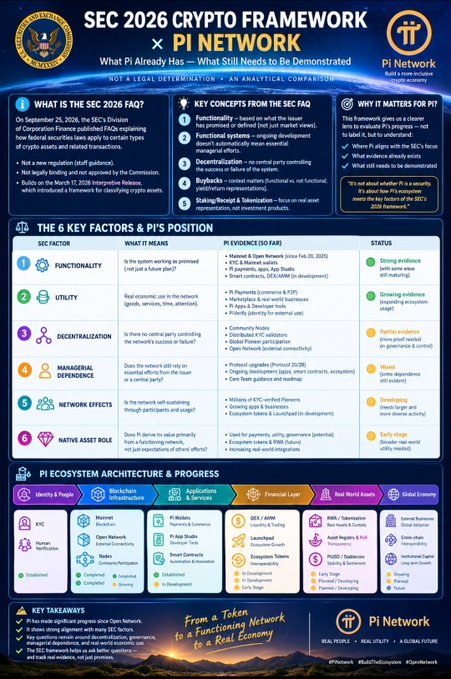 An infographic titled 'SEC 2026 CRYPTO FRAMEWORK x PI NETWORK' provides an analytical comparison of the SEC's regulations and Pi Network's position.