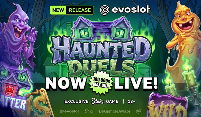 Promotional graphic announcing the new release of "Haunted Duels" by evoslot, available exclusively on Stake, featuring spooky ghost characters, a haunted house, and highlighting a 100,000x max win potential with an 18+ age rating.