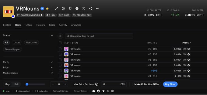 A screenshot of an NFT marketplace listing for the VRNouns collection, showing a floor price of 0.0322 ETH, 3,544 items, and various rarity-ranked VRNouns for sale.