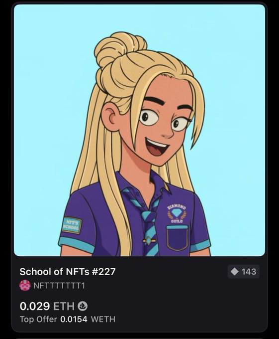 An NFT listing titled 'School of NFTs #227' by NFTTTTTTTT1, priced at 0.029 ETH with a top offer of 0.0154 WETH, showing an animated-style portrait of a blonde woman in a purple 'Diamond Guild' uniform.