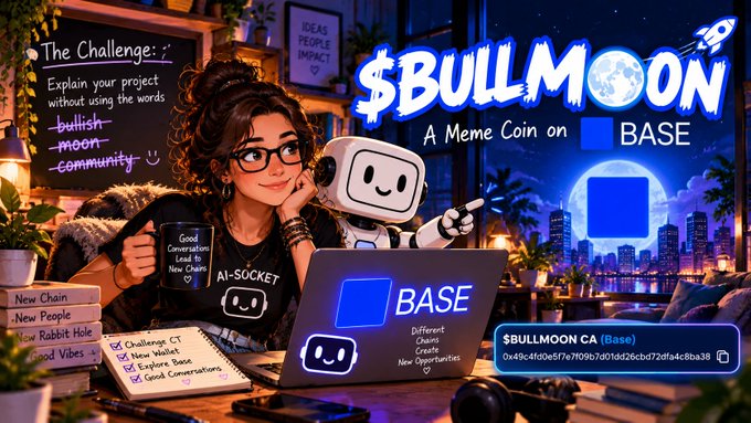 A promotional graphic for the meme coin '$BULLMOON' on the Base blockchain, featuring cartoon characters at a laptop, a city skyline, and text including 'A Meme Coin on BASE' and a contract address.