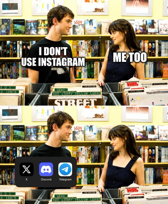 A two-panel meme set in a video store showing a couple looking at each other; the top panel has text 'I DON'T USE INSTAGRAM' and 'ME TOO', while the bottom panel replaces the text with app icons for X, Discord, and Telegram.
