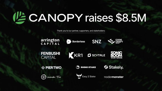 The image announces that Canopy (CNPY) raised $8.5M, with partner and investor logos displayed including Arrington Capital, Borderless, SNZ, Code Craft, Fenbushi Capital, KR1, SCVTALE, Sonic Boom Ventures, Pier Two, Rhino Stake, Stakely, Lavender.Five, Easy 2 Stake, and node monster.

The image relates to the post by highlighting Canopy's backing from notable investors like Arrington Capital, supporting the user's mention of the project having raised funds from reputable capital firms.