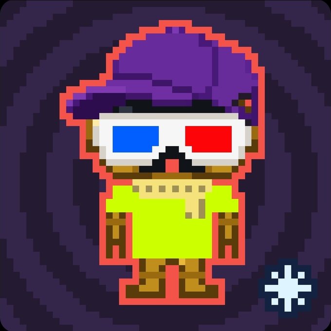 A pixel art character with a purple hat, 3D glasses, and a green shirt stands against a dark purple background, with a small snowflake-like symbol in the bottom corner.