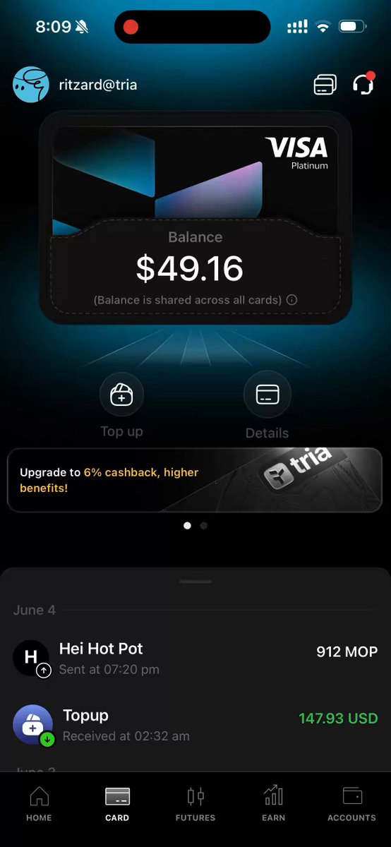 The image shows a smartphone screen displaying a balance transfer payment for $49.16 from Visa to Riley's International Bank, located at 9:16 am on June 3rd this year. The app also displays some details about the card and offers a list of upcoming payments in a chat bubble with another option called "Top Up".