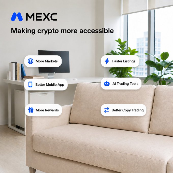 A promotional banner for the MEXC cryptocurrency exchange featuring the tagline "Making crypto more accessible" alongside features like "More Markets," "Faster Listings," "Better Mobile App," "AI Trading Tools," "More Rewards," and "Better Copy Trading," set against a living room background.