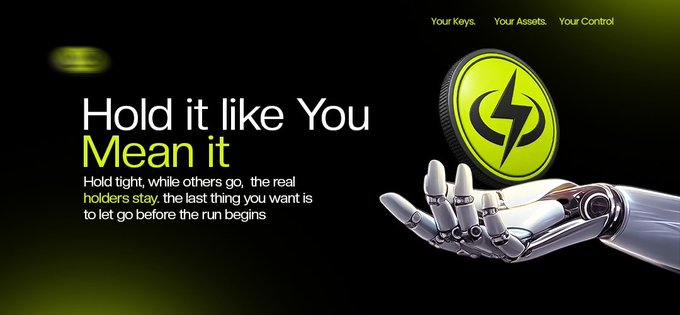 A robotic hand holds a glowing green token with a lightning bolt symbol beneath the headline "Hold it like You Mean it," emphasizing self-custody and control with the tagline "Your Keys. Your Assets. Your Control." The image visually reinforces the post's message about Safevano Wallet being a secure, user-controlled self-custody platform powered by the SAFEVANO token.