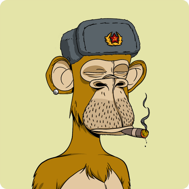 A cartoon illustration of a monkey wearing a Soviet ushanka hat and smoking a cigar, depicted in the Bored Ape style.