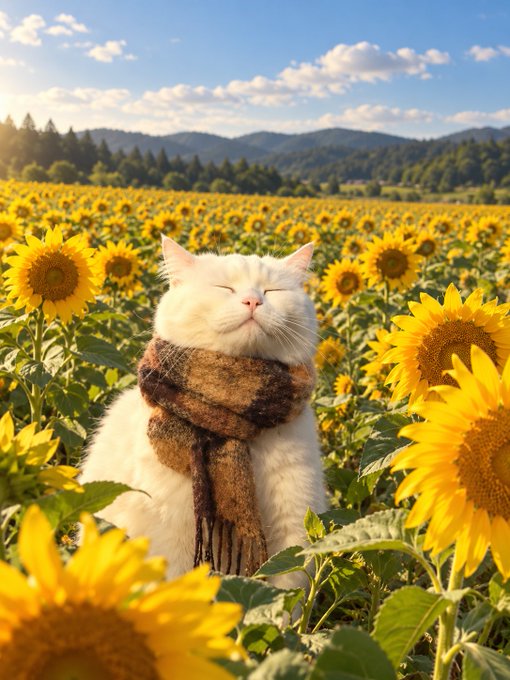 A fluffy white cat with closed eyes wears a brown scarf while standing in a vibrant sunflower field under a partly cloudy sky.