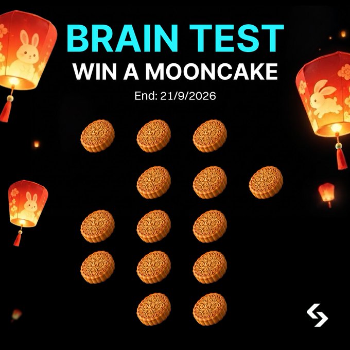 The image is a promotional "BRAIN TEST - WIN A MOONCAKE" graphic ending 21/9/2026, featuring decorative red lanterns with rabbit motifs and a scattered arrangement of 14 mooncakes on a dark background, tying into the Mid-Autumn Festival theme reflected in the hashtags #KCGI2026 and #trungthudaichien ("Mid-Autumn big battle"). The mooncake game likely serves as a festive online contest tied to the celebration.