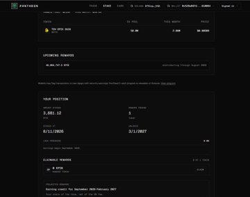 A dark-themed dashboard for 'FAKTORY' showing a token 'YOU (FTR) BOX' with upcoming rewards, user position stats including 3,681.12 tokens and 8/11/2025 date, and claiming rewards options.