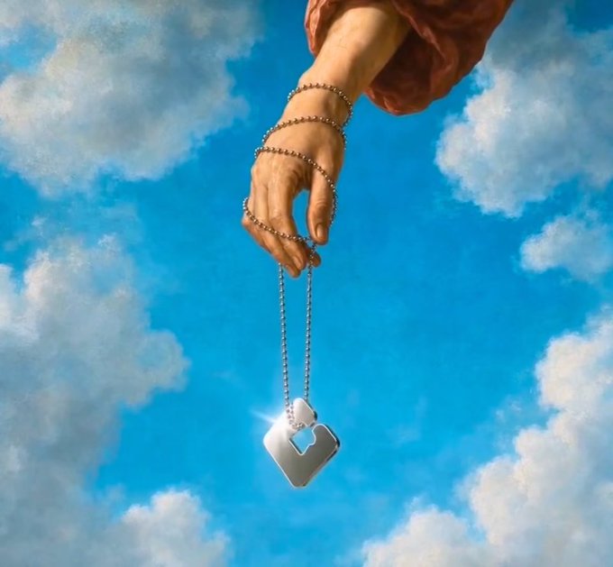 The image features a hand holding a silver heart-shaped pendant with a chain around its neck, set against a blue sky filled with white clouds. The caption of the image reads "Just claimed my @generalbreadco necklace, download the first agentic neobank built on bitcoin and get yours here generalbreadco/i/VC3WIJ". This suggests that someone has taken the necklace from a social media account or website, possibly for free, and is now promoting it as an Agentic neobank.