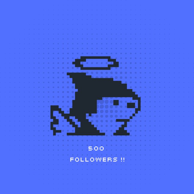 A pixel-art graphic on a blue background showing a praying figure with a halo and the text '500 FOLLOWERS!!'