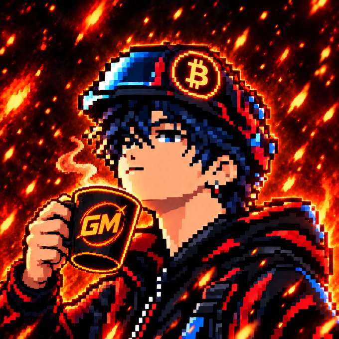 A pixel art illustration of an anime-style character with blue hair wearing a dark hoodie and a cap featuring the Bitcoin logo, holding a black mug labeled "GM" against a fiery background of embers.