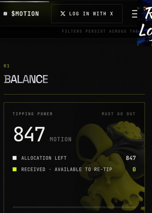 A dark-themed dashboard for $MOTION displays a "Balance" section showing 847 tipping power in $MOTION tokens, with 847 allocation left and 0 received available to re-tip, alongside a decorative graphic of a yellow liquid-filled pouch. The image illustrates the rewards claim interface mentioned in the post, where users can view their earned $MOTION tipping power from engaging with creators via @motiontip and @tipmotion.