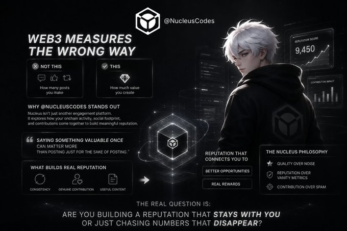 A Web3 promotional graphic titled 'WEB3 MEASURES THE WRONG WAY' by @NucleusCodes features an anime-style character and discusses reputation over vanity metrics, noting a reputation score of 9,450.
