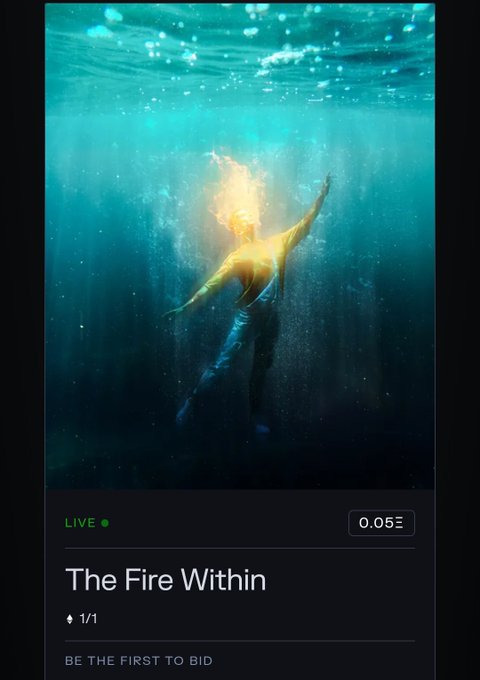 A digital artwork titled 'The Fire Within' showing a figure glowing with golden light underwater, displayed on an auction interface with a 'LIVE' tag, a timer at '0:05', and 'BE THE FIRST TO BID' prompt.