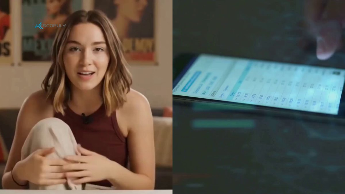 The image features a woman sitting at a table with her legs crossed, holding a cell phone up to her face as if she's talking or showing something on the screen. The background of the photo shows another person's hand pointing towards an object that is not visible in the image.