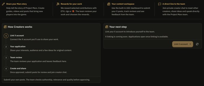 A dark-themed dashboard titled 'How Creators works' with steps: 1. Link X account, 2. Your application, 3. Team review, 4. Create and share, plus sections for 'Your next step' and benefits including 'Share your Mars story', 'Rewards for your work', 'Your content workspace', and 'A direct line to the team'.