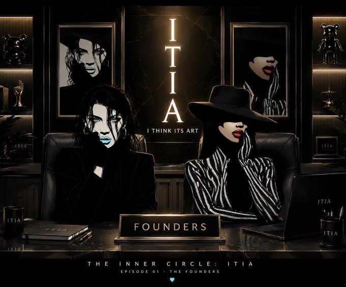A stylized digital illustration featuring two figures at a desk with a 'FOUNDERS' nameplate, with text 'ITIA I THINK ITS ART' and 'THE INNER CIRCLE: ITIA EPISODE 01 - THE FOUNDERS'.