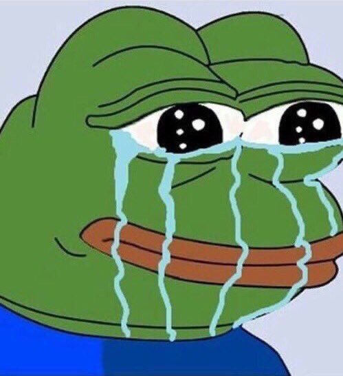 A digital illustration of a sad green Pepe the Frog character with large teary eyes and streams of tears running down its face.