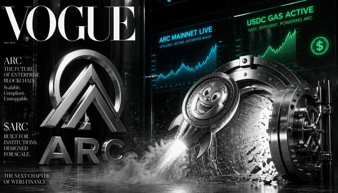 A mock VOGUE magazine cover (March 2027) promotes ARC blockchain with headlines like 'ARC: THE FUTURE OF ENTERPRISE BLOCKCHAIN' and 'USDC GAS ACTIVE', showing a vault door bursting open with a rocket.