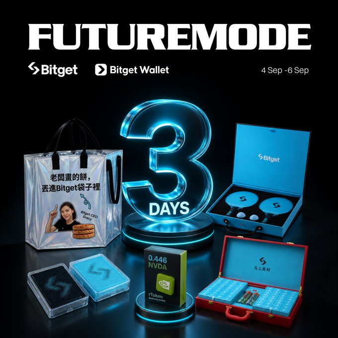 The image is a promotional graphic for Bitget's "FUTUREMODE" event running September 4-6, featuring a glowing "3 DAYS" countdown alongside merchandise including a "Bitget CEO Gracy" tote, an RTX token card displaying "0.446 NVDA," and branded blue gift boxes—all teasing the onchain US stock vending machine prizes (NVDA, TSMC, TSLA) and Bitget Wallet card perks mentioned in the post.