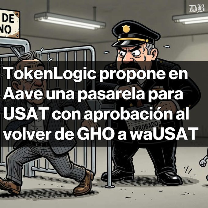 A cartoon-style illustration shows a stressed policeman holding a paper and a sweating older man, with Spanish text: "TokenLogic propone en Aave una pasarela para USAT con aprobación al volver de GHO a waUSAT."