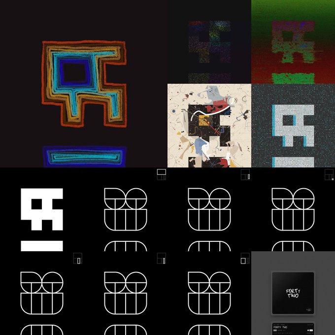 The image showcases various stylized interpretations of a pixelated character (resembling a Mario-style mushroom figure) with the text "FORTY TWO" and "082/EDITION 05" visible, appearing to be on a book or card design. This relates to the post as it depicts "Set 082, Edition 5" of the Owns 13 Opepen NFT collection, with the character design representing the generative artwork's output variations.