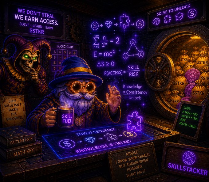 An illustration featuring a wizard holding a 'Skill Fuel' mug, with floating equations like E=mc², puzzle pieces, dollar signs, and text including 'WE DON'T STEAL. WE EARN ACCESS. SOLVE • LEARN • EARN $STKR' and 'Knowledge x Consistency = Unlock'.