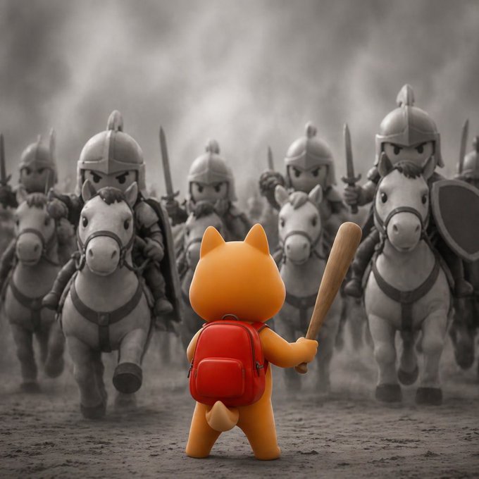 A 3D-rendered orange cat character with a red backpack and baseball bat facing an army of helmeted toy soldiers on horseback.