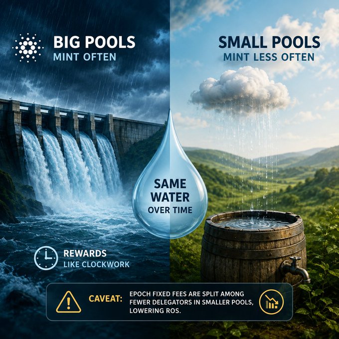 An infographic comparing "BIG POOLS MINT OFTEN" (depicted as a large dam) versus "SMALL POOLS MINT LESS OFTEN" (depicted as a rain barrel), explaining that "SAME WATER OVER TIME" results in "REWARDS LIKE CLOCKWORK", with a caveat that epoch fixed fees are split among fewer delegators in smaller pools, lowering ROS.
