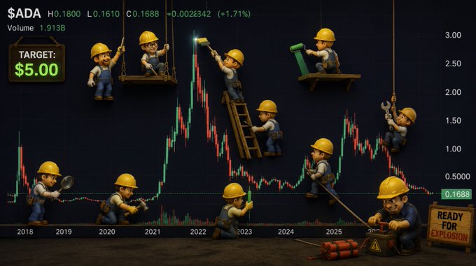 A cryptocurrency price chart for '$ADA' shows a timeline from 2018 to 2025, decorated with cartoon construction workers trying to reach a 'TARGET: $5.00', ending with a 'READY FOR EXPLOSION' sign.