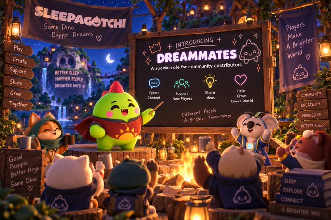 A promotional image for 'Sleepagotchi' introducing 'DREAMMATES' - a community contributor role, featuring cute cartoon characters gathered around a chalkboard at a campfire.