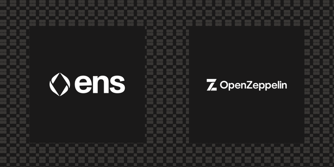 This image features the logos for ENS and OpenZeppelin, highlighting their integration. The post describes how OpenZeppelin has integrated ENS to provide developers with access to the onchain naming layer.