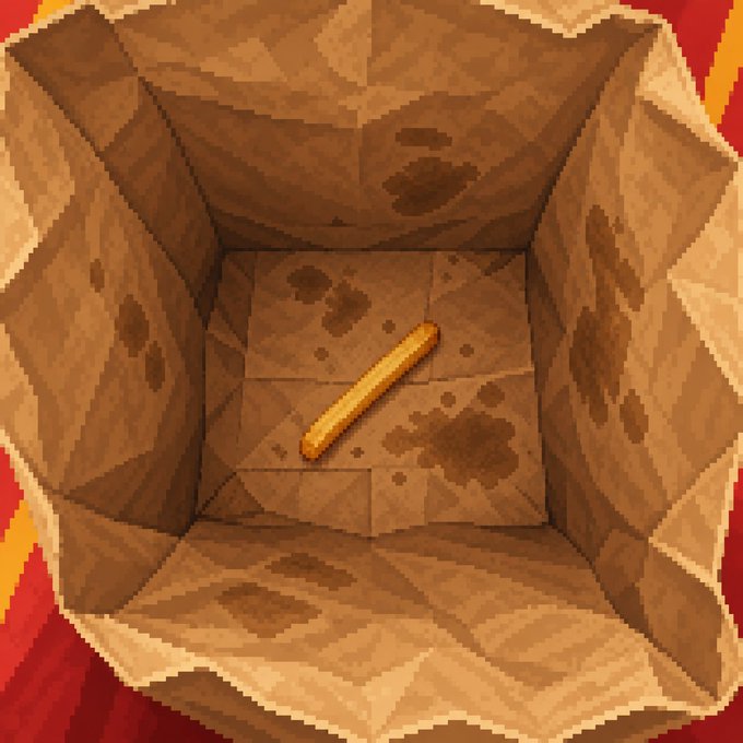 A pixel art image shows a wooden box or container with brown spots containing a single gold-colored cylindrical object, set against a red and orange background.