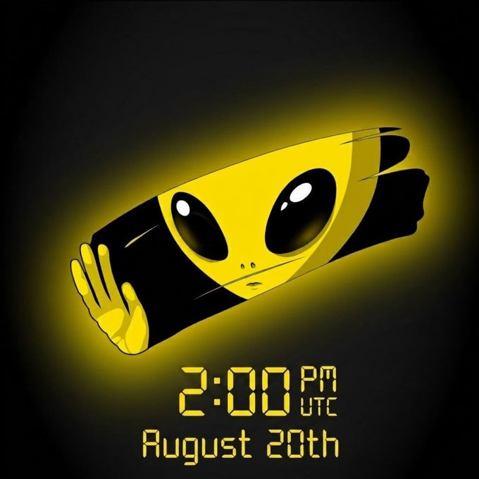 A yellow alien meme with a black and yellow face, holding up a hand, with text displaying '2:00 PM UTC August 20th' against a dark background.