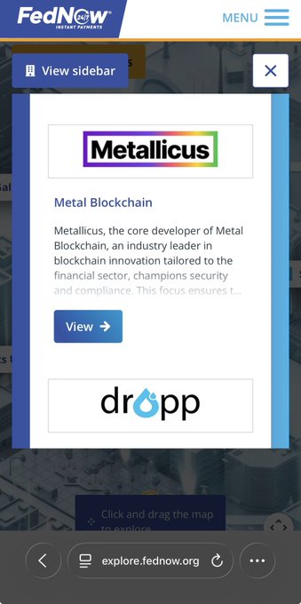 A mobile screenshot from FedNow Instant Payments shows a sidebar popup highlighting Metallicus, the developer of Metal Blockchain, with the hashtag #METAL emphasizing its role in the emerging financial infrastructure alongside #XPR and #TDBN.