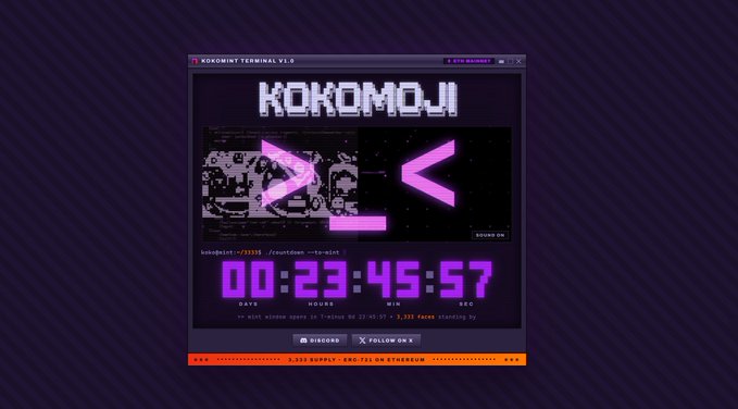 The image displays a "Kokomoji Terminal V1.2" interface featuring a digital countdown timer at "00:23:45:57," along with social media handles for Discord and Twitter, directly promoting the @Kokomojinft project mentioned in the post. The retro-styled terminal design with its glitchy ASCII art aesthetic reflects the crypto/NFT branding being advertised in the accompanying text.