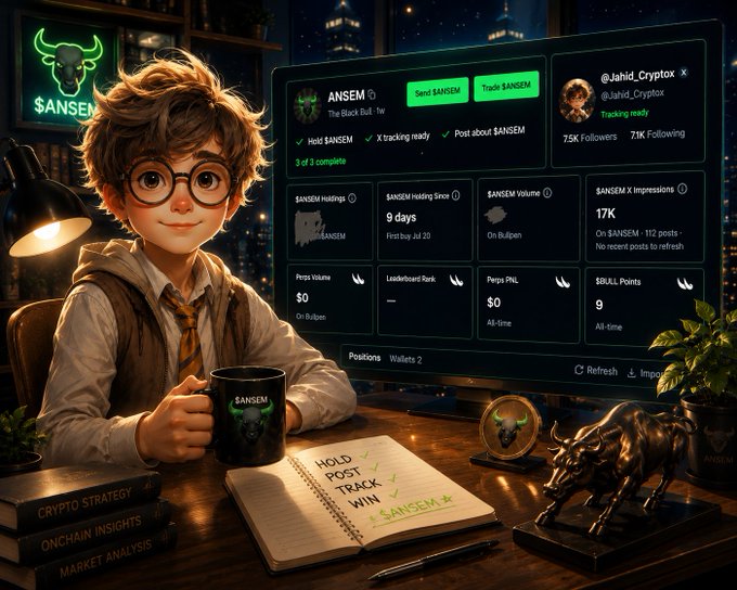 A stylized digital illustration of a young bespectacled character holding a '$ANSEM' mug at a desk, surrounded by crypto-themed books and a bull statue, with a dashboard showing 'ANSEM Hodlings' stats and the X account '@Jahid_Cryptox' with 75K followers.