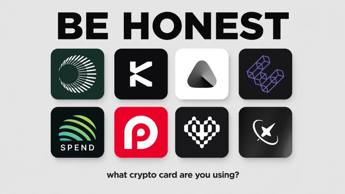 A graphic asking 'BE HONEST' above various crypto card app icons, with the text 'what crypto card are you using?' at the bottom.