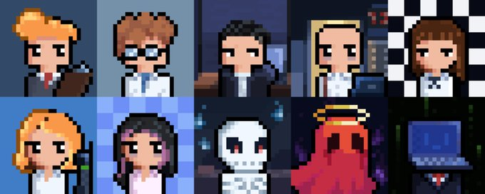 A grid of ten pixel art character portraits featuring various styles including office workers, a scientist, and skeletal figures against different backgrounds.